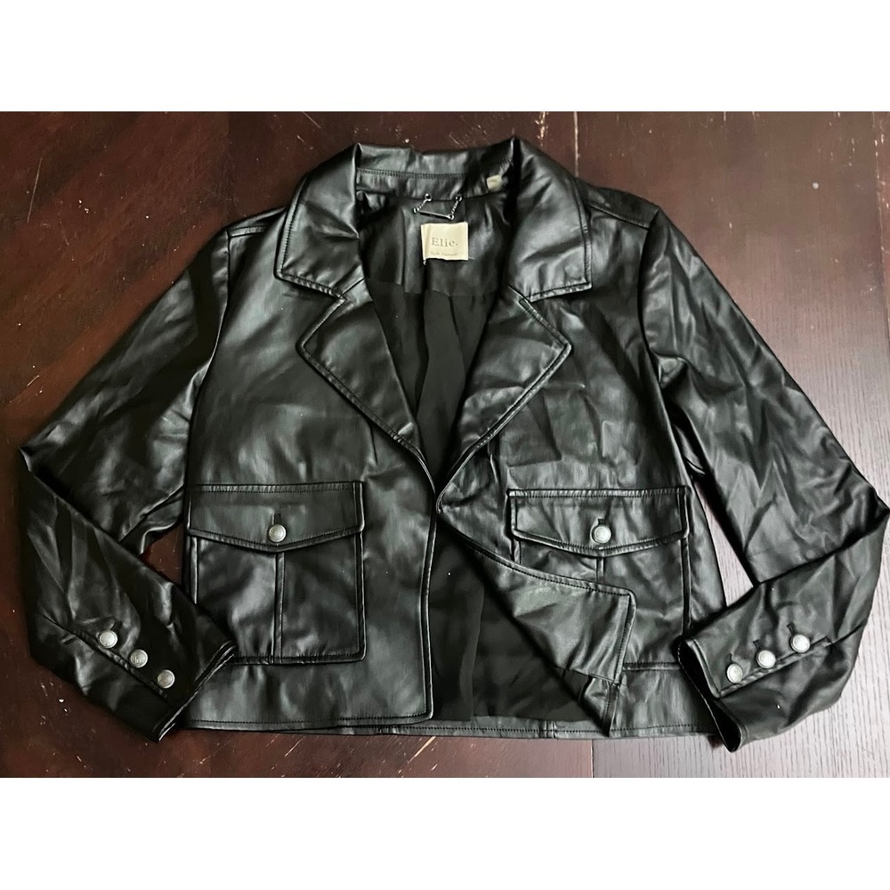Elie Tahari‎ Black Faux Leather Blazer Jacket Moto Womens Size Large